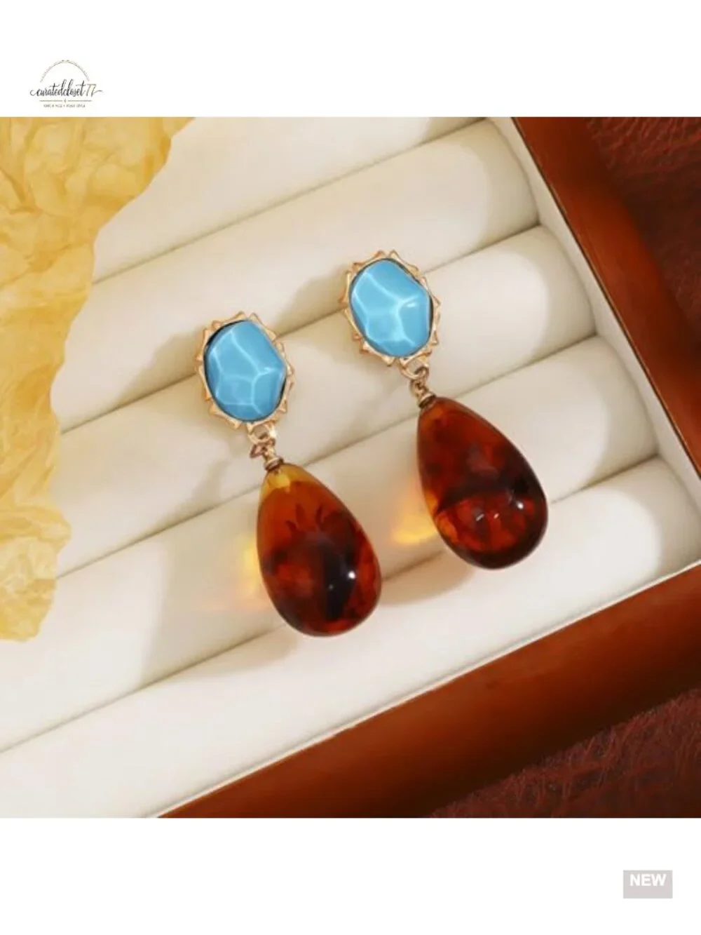 Vintage Blue Resin and Amber Teardrop Dangle Earrings Bohemian Irregular